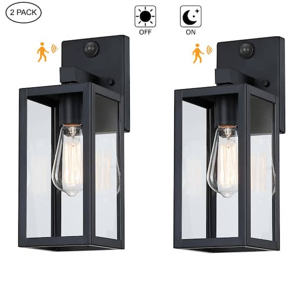 Hukoro Martin 14.1 in.Matte Black Motion Sensor Dusk to Dawn Outdoor Hardwired Wall Lantern Scone w/ No Bulbs Included (2-Pack)
