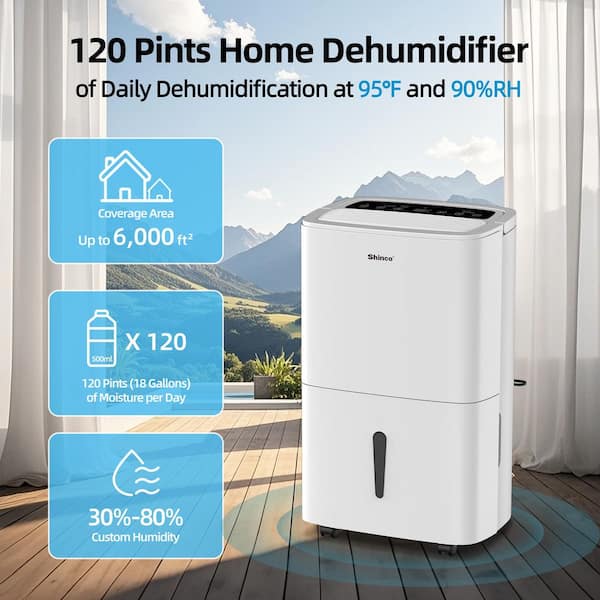 120 pt. 6,000 sq. ft. Dehumidifier in White with Quietly Remove Moisture, Auto Defrost, Dry Clothes Function, Timer