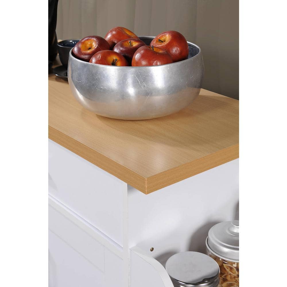 White Kitchen Island with Beech Top, Spice Rack, and Towel Rack