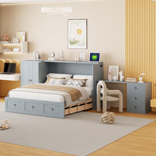 Harper & Bright Designs Gray Wood Frame Queen Size Murphy Bed with Desk, USB Ports, Wardrobe, Drawers