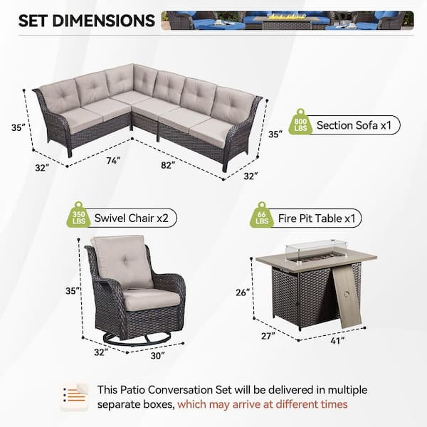 Arcline 7-Piece Brown Wicker Fire Pit Conversation Set with Olefin Beige Cushions L-Shaped Sofa/Patio Swivel Chairs