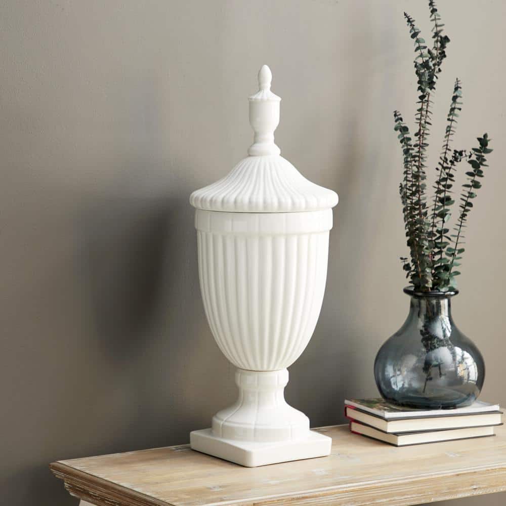 26" White Ceramic Tall Fluted Urn Vase with Lid