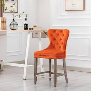 Harper 24 in. High Back Nail Head Trim Button Tufted Orange Velvet Counter Stool with Solid Wood Frame in Antique Gray