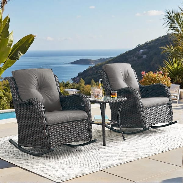 Pocassy Outdoor Brown Wicker Outdoor Rocking Chair with CushionGuard Gray Cushions Patio (Set 2-Pack)