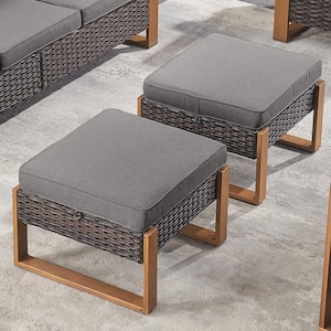 MetalWood Metal and Brown Wicker Outdoor Ottoman with Olefin Gray Cushion (2-Pack)