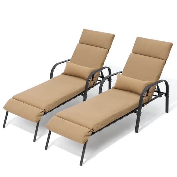 2-Piece Metal Outdoor Adjustable Backrest Chaise Lounge with Arms and Tan Cushions