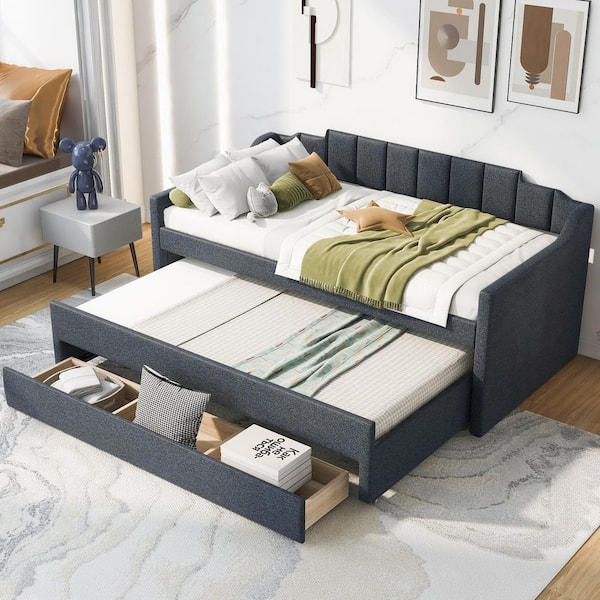 Gray Twin Upholstered Daybed with Trundle and 3 Drawers