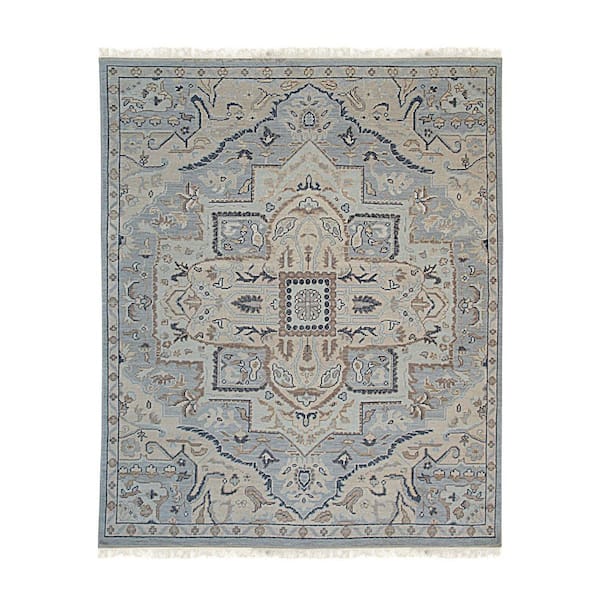 EORC Blue 6 ft. x 9 ft. Hand Knotted Wool Traditional Heriz Design Rug Area Rug