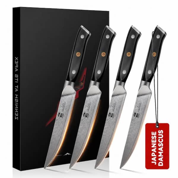 4-Piece 5 Inch Non-Serrated Steak Knife Set, Japanese AUS-10 Steel Core with 67-Layer Damascus Cladding