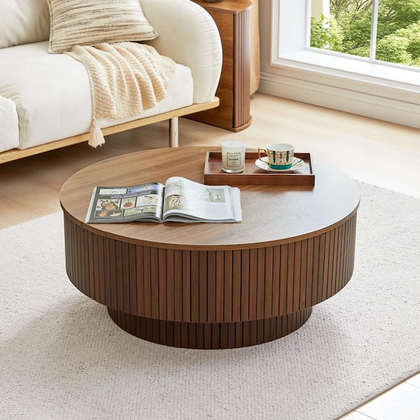 33.07 in. Walnut Round MDF Storage Coffee Table with a Height-Adjustable Panel