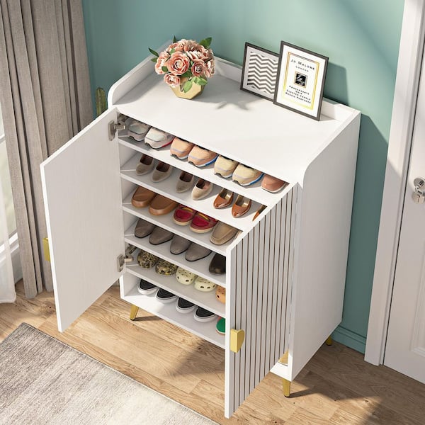 White and Gold 6-Tier Wood Shoe Storage Cabinet w/ Adjustable Shelves, Shoes Storage Organizer for Entryway, Living Room