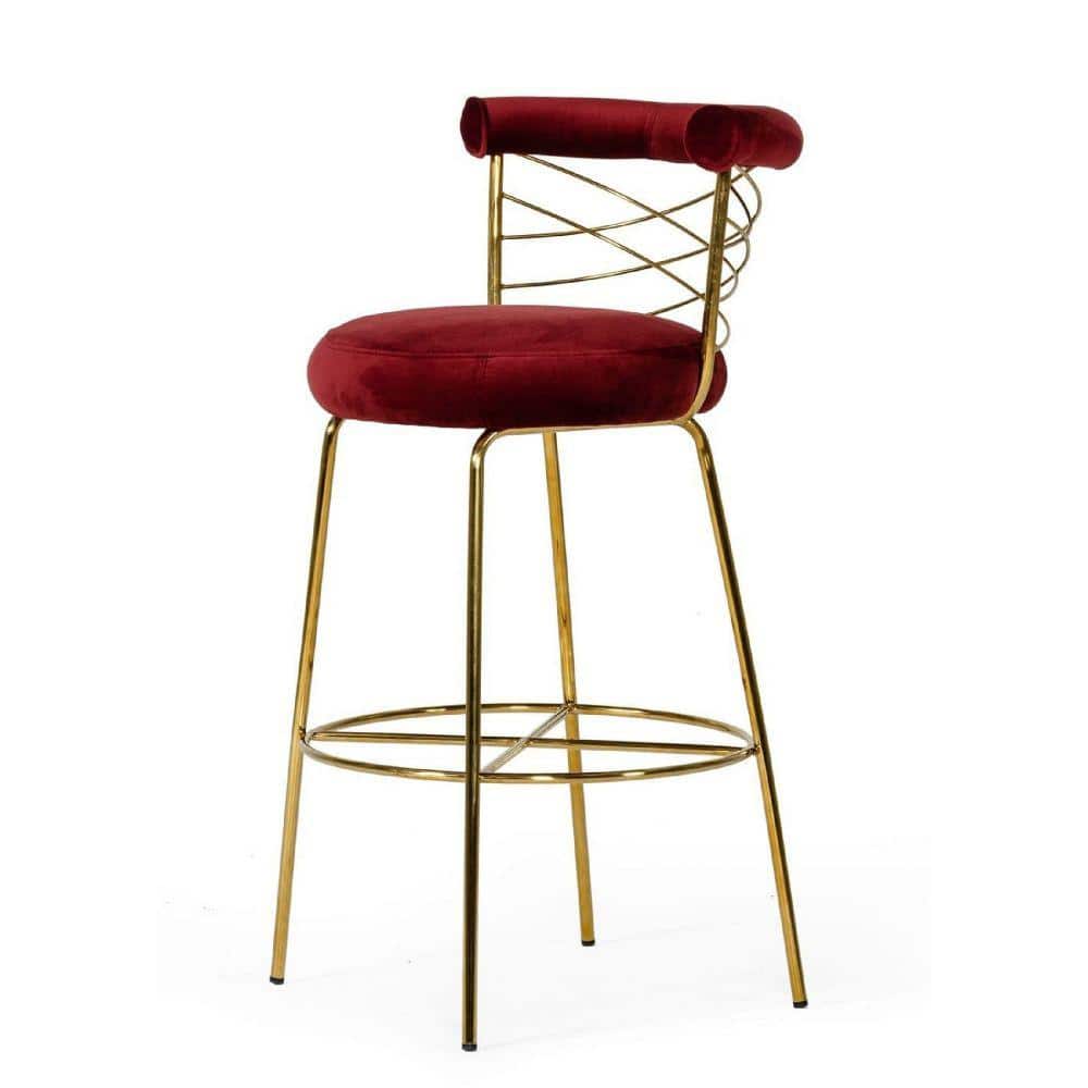 Benjara 34 in. Red and Gold Low Back Metal Frame Bar Stool with Fabric Seat BM279232 The Home