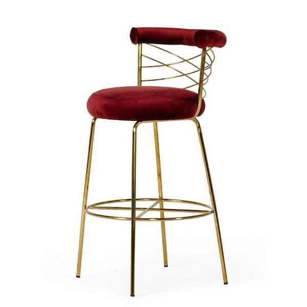 Benjara 34 in. Red and Gold Low Back Metal Frame Bar Stool with Fabric Seat