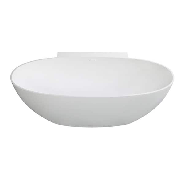 Arcticstone 71.4 in. x 34.6 in. Solid Surface White Stone Oval Flatbottom Soaking Bathtub with Drain in Matte White