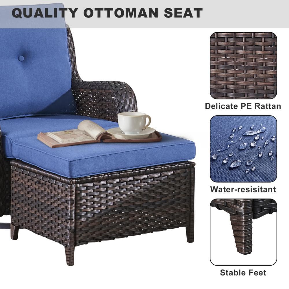 Carolina Brown Steel Wicker Outdoor Ottoman with Blue Cushions
