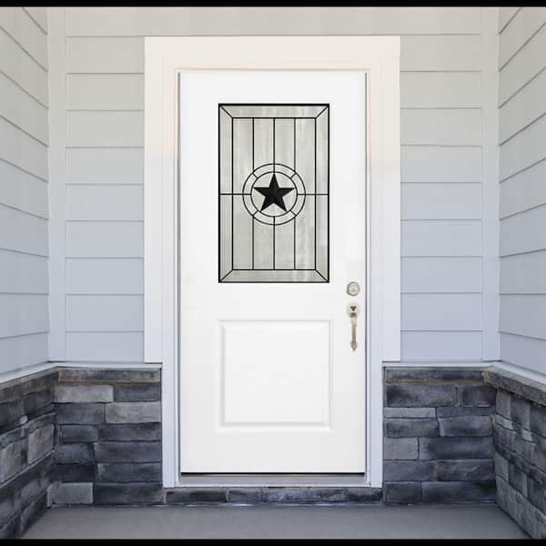 36 in. x 80 in. Legacy Alamo Half Lite Decorative Glass White Primed LH Inswing Fiberglass Prehung Front Door