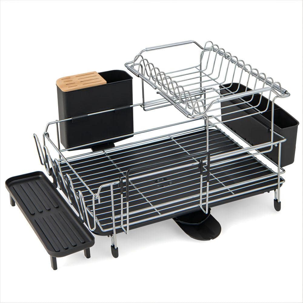 23 in. Black 2-Tier Detachable Dish Rack with Cutlery Holder