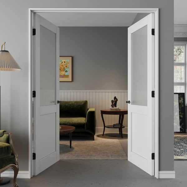 56 in. x 80 in. Universal 1/2-Lite Frosted Glass White Solid Core MDF French Door with Quick Assemble Jamb