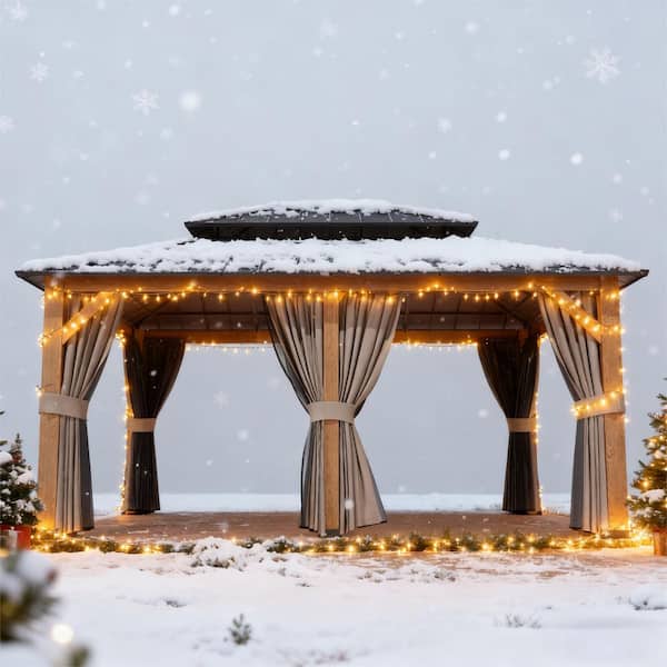 17 ft. x 13 ft. Outdoor Patio Aluminum Frame Gazebo with Double Hardtop Steel Roof, Mosquito Netting and Curtains