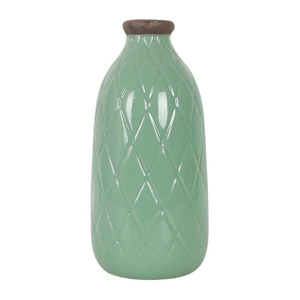 Liv & Skye 9 in. Green Ceramic Cylinder Decorative Vase with Plaid Textured Design