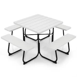 67 in. White Square Metal Outdoor Picnic Table with 4 Benches and Umbrella Hole