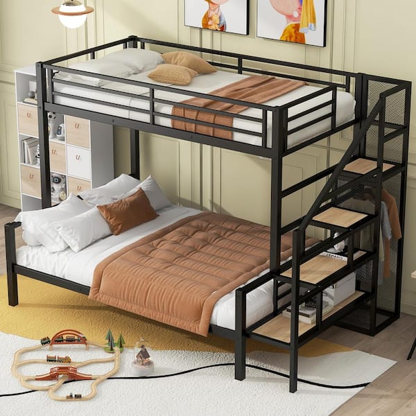 Harper & Bright Designs Black Twin over Full Size Metal Bunk Bed with Storage Staircase and Open Wardrobe