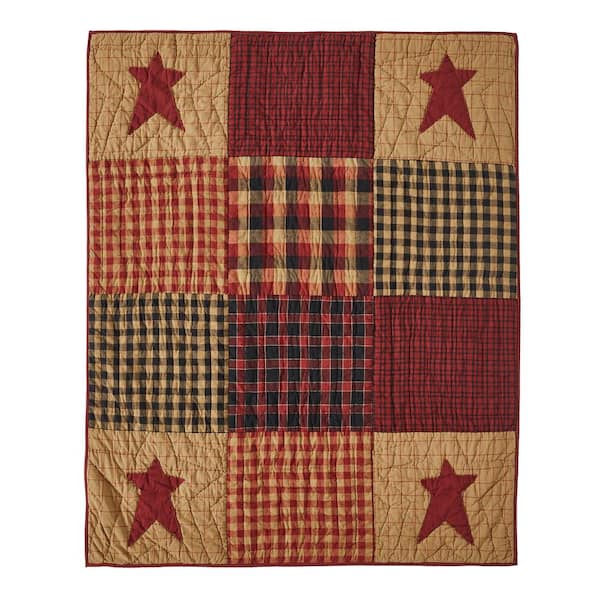 VHC Brands Connell Red Black Tan Primitive Patchwork Quilted 50 x 60 Throw Blanket