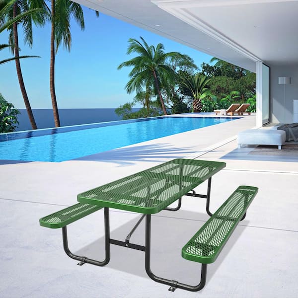 Unbranded 96 in. Brown Rectangular Outdoor Steel Picnic Table Seats 4-6 People with Umbrella Hole
