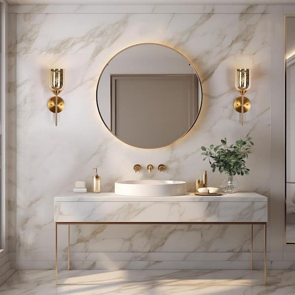 15.7 in. H Modern 1-Light Plating Brass Wall Sconce with Mercury Glass Shade Modern Bathroom Powder Room Vanity Light