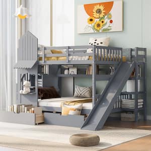 Gray Full over Full Castle Style Wood Bunk Bed with Storage Staircases, 2 Drawers, Shelves and Slide