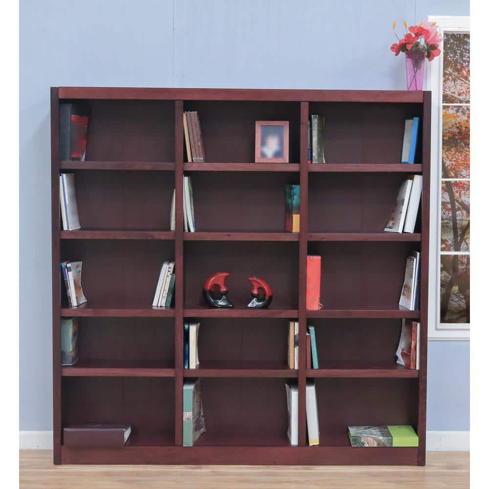 Cherry Finish Triple Wide Adjustable Wood Bookcase, 72 Inch