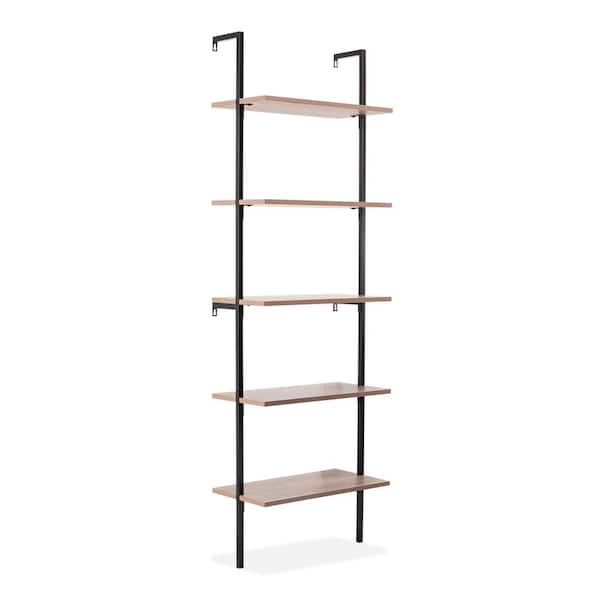 Madera 72.05 in. Tall Classic Industrial 5-Shelf Wood Wall-Mounted Open Ladder Bookcase with Metal Frame, Brown/Black