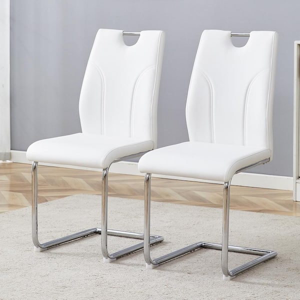 White PU Leather Upholstered Dining Chairs with Silver Metal Legs (Set of 2)