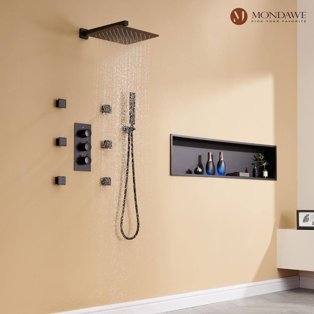 Matte Black 12-Inch Stainless Steel Multi-Head Wall Mounted Shower System