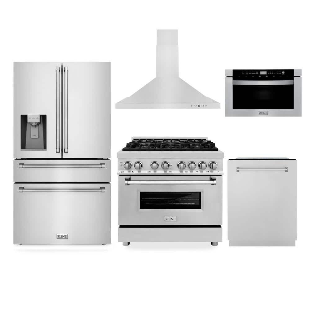 ZLINE Kitchen and Bath 36 in. Stainless Steel Package with 6-Burner Range, Range Hood, Dishwasher, Microwave, and French Door Refrigerator