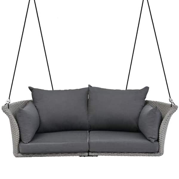Sudzendf Gray 2-Person Hanging Seat, Rattan Woven Wicker Swing Chair with Gray Cushion and Ropes