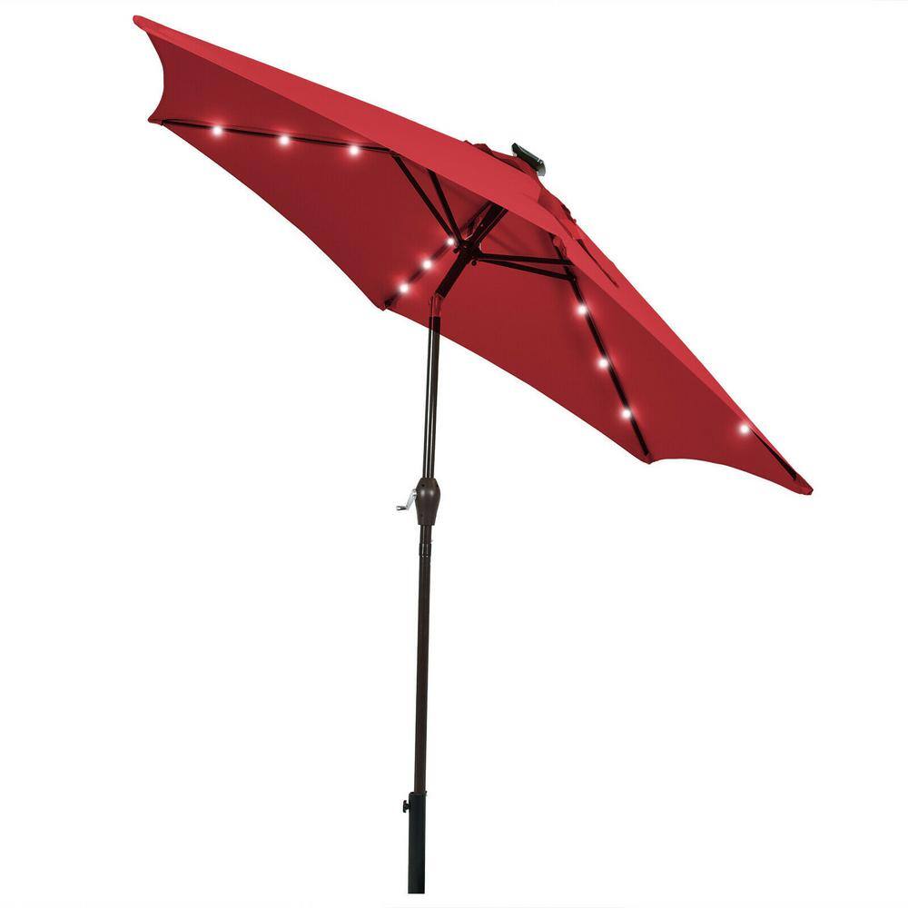 Dark Red 9 ft. Solar LED Lighted Market Patio Umbrella with Crank Lift
