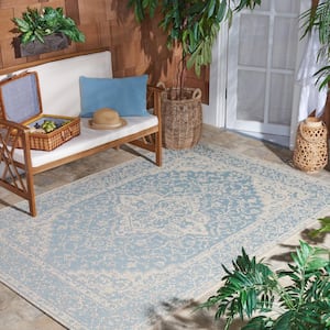 Beach House Aqua/Cream Doormat 2 ft. x 4 ft. Border Floral Indoor/Outdoor Area Rug