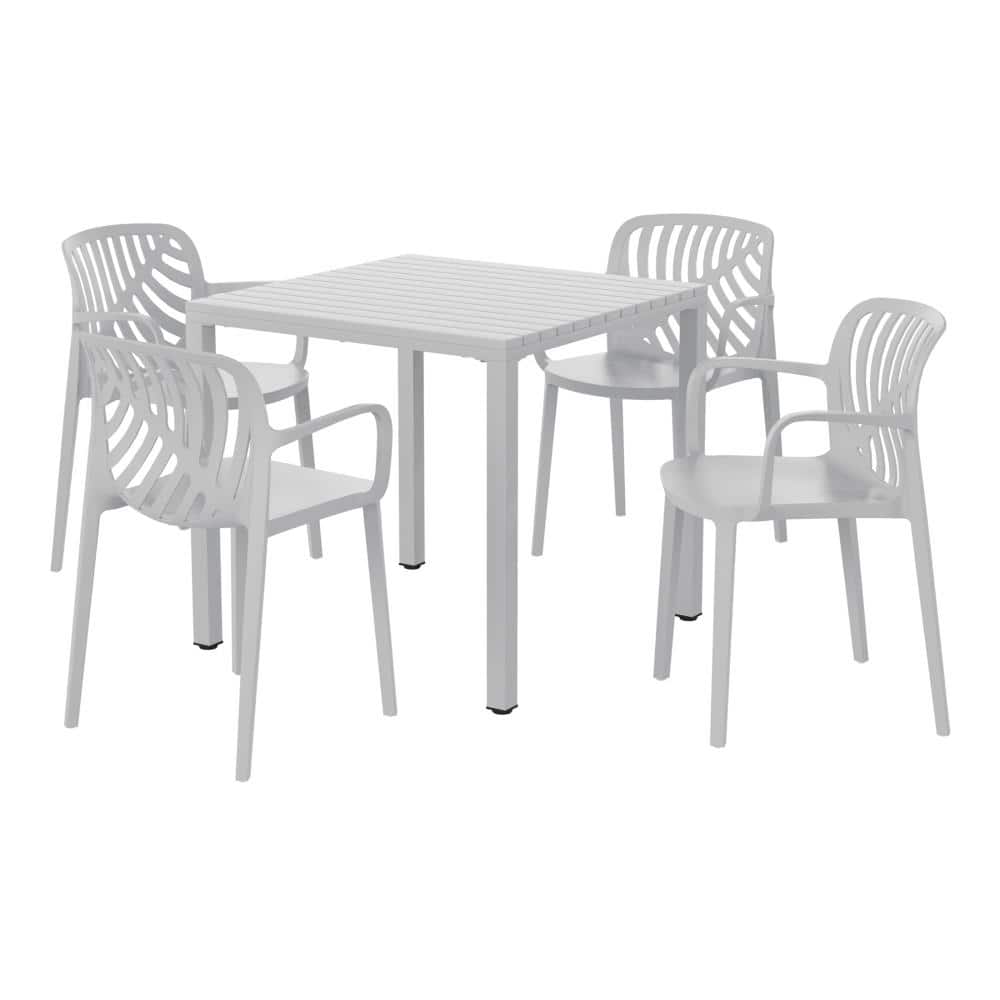 Frond&Form Outdoor Patio Modern 5-Piece Dining Set w/ Square Metal Frame Table and Stackable Plastic Chairs, Gray price history on PriceWatchPro
