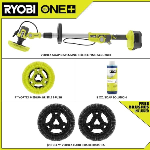 ONE+ 18V Cordless Soap Dispensing Scrubber (Tool Only) with (2) 9 in. VORTEX Hard Bristle Brushes