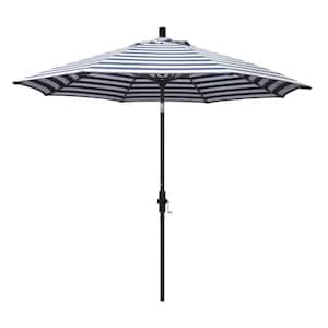 9 ft. Aluminum Market Collar Tilt - Matted Black Patio Umbrella in Navy White Cabana Stripe Olefin