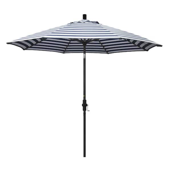 California Umbrella 9 ft. Aluminum Market Collar Tilt - Matted Black Patio Umbrella in Navy White Cabana Stripe Olefin
