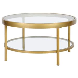 Alexis 32 in. Brass Round Glass Top Coffee Table with Shelf