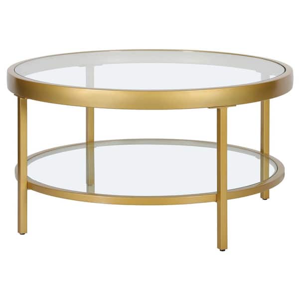 Meyer&Cross Alexis 32 in. Brass Round Glass Top Coffee Table with Shelf