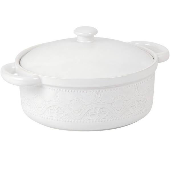 2 Qt. Lace Emboss Casserole Dish with Lid, Ceramic Round Serving Dish with Handles for Dinner, White