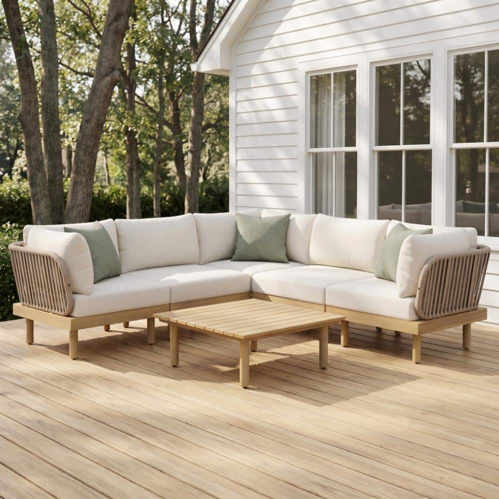 6-Piece Acacia Wood L-Shaped Outdoor Sofa Set with Rope Back and Weather-Resistant Cushions price history on PriceWatchPro
