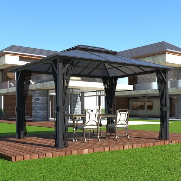 13 ft. W x 10 ft. D Polycarbonate Double Top Gazebo with Black Textilene Netting