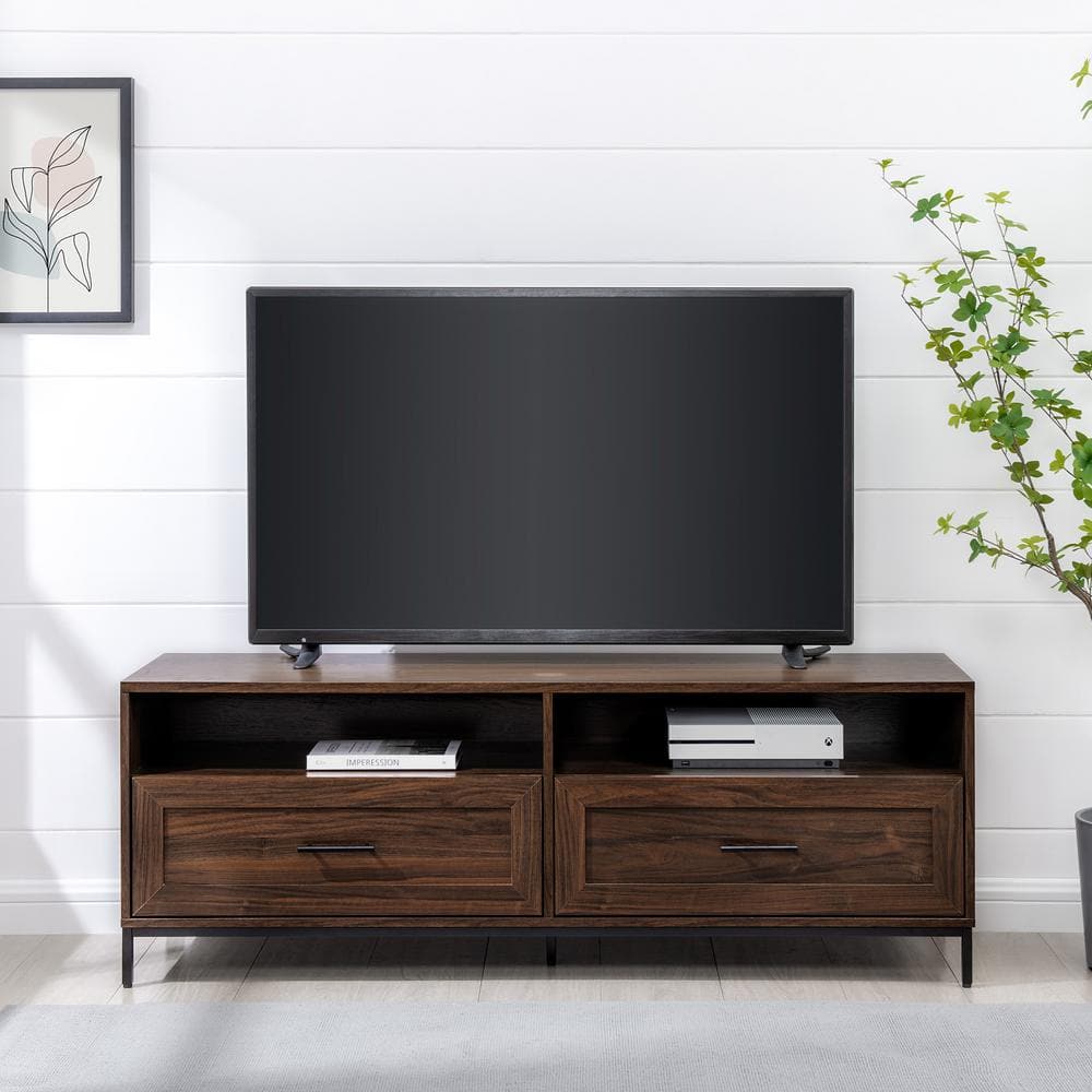 Welwick Designs 58 in. W Walnut Solid Wood TV Stand with Cutout Cabinet Handles (Max TV Size 65 in.)