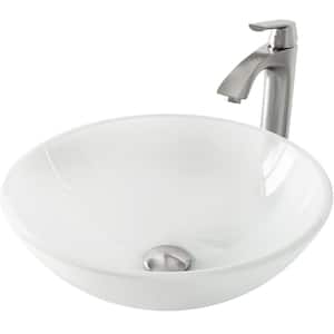 Glass Round Vessel Bathroom Sink in Frosted White with Linus Faucet and Pop-Up Drain in Brushed Nickel