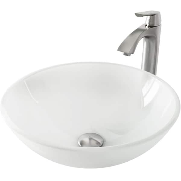 VIGO Glass Round Vessel Bathroom Sink in Frosted White with Linus Faucet and Pop-Up Drain in Brushed Nickel